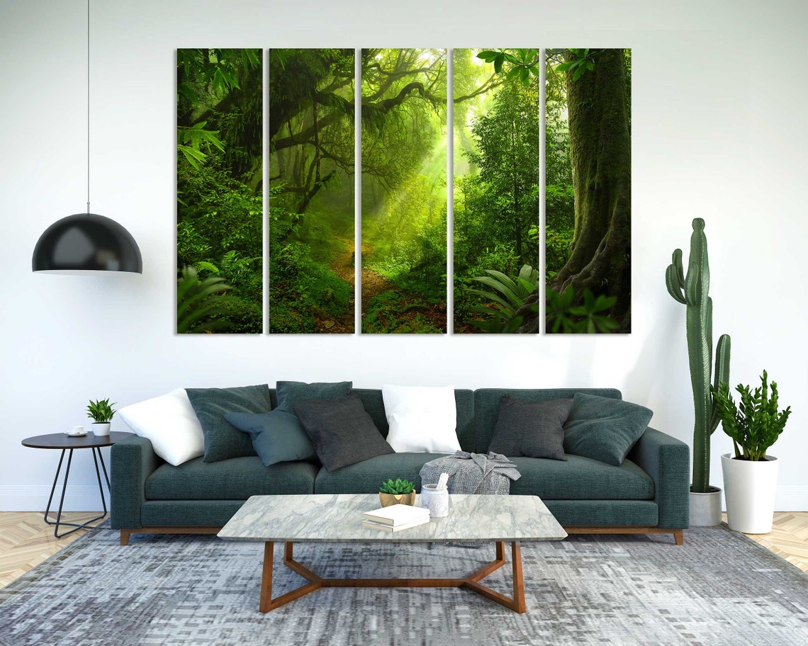 Lush Green Jungle Forest Path Sun Rays Tropical 3 Panel Wall Art - Image 2