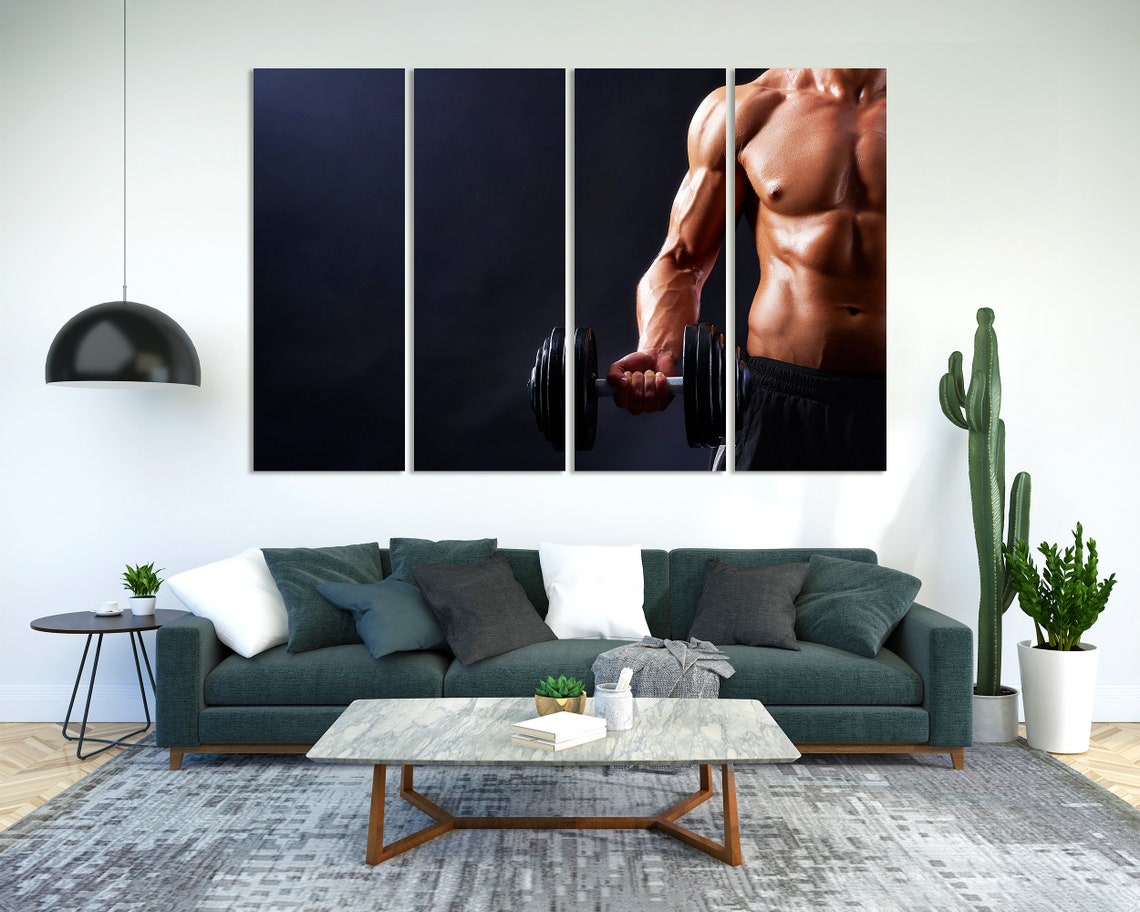 Muscular Man Dumbbell Curl Dark Background Fitness Gym Wall Art Poster - Image 2