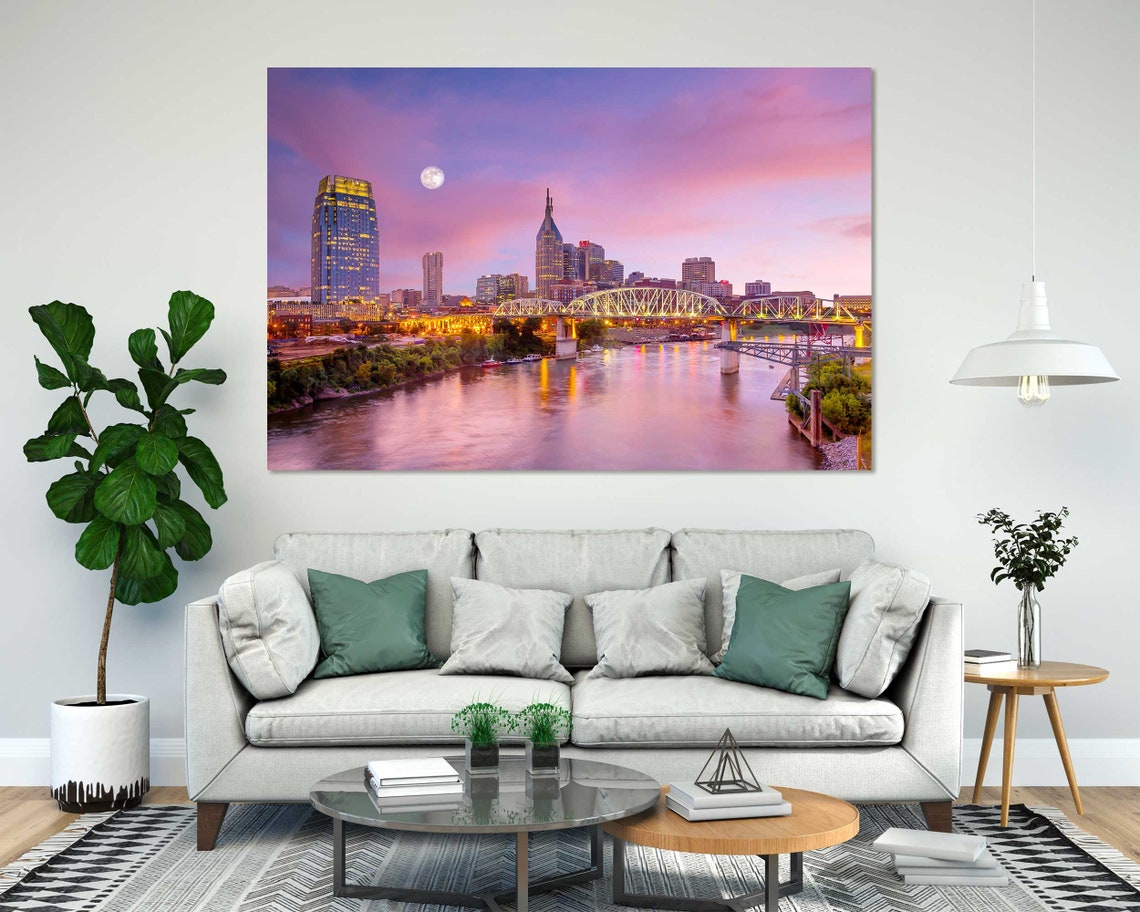 Nashville Skyline Evening with Full Moon Over River Bridges Poster - Image 6