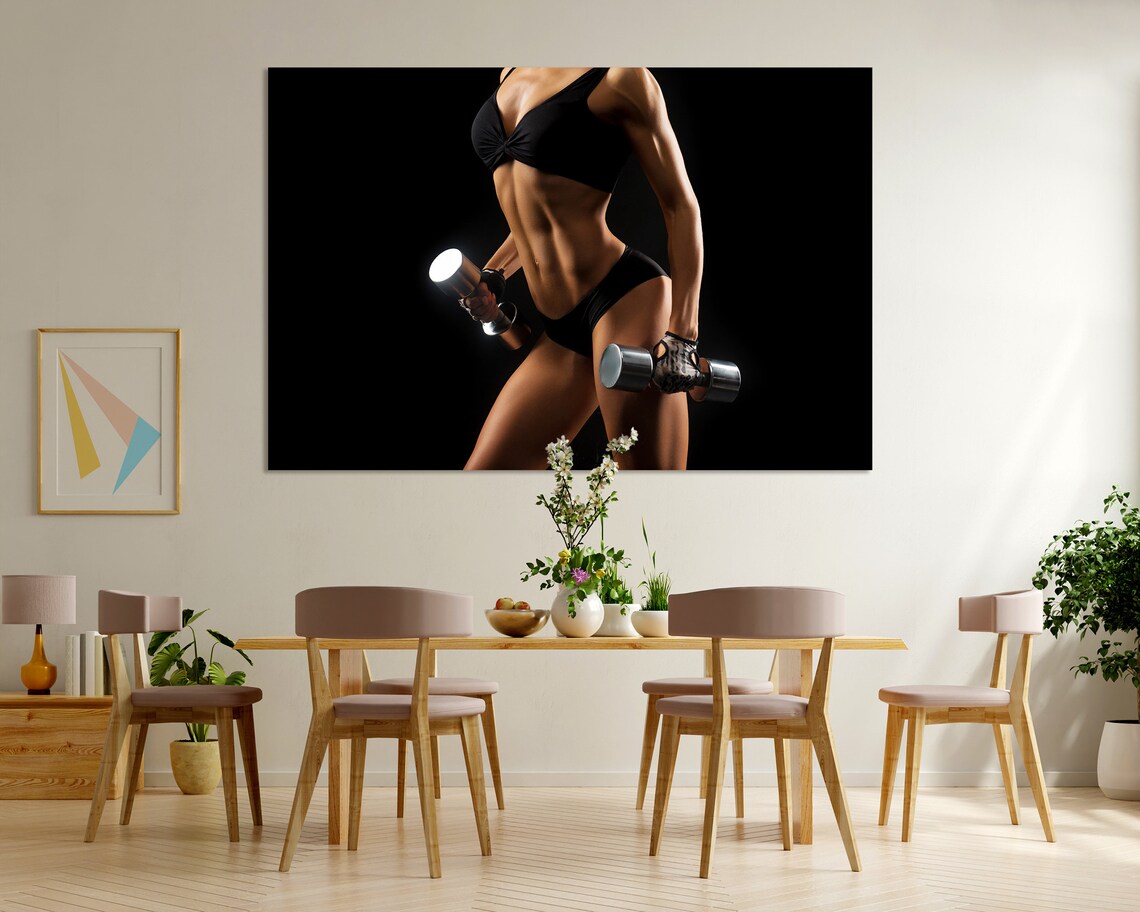 Strong Woman Holding Dumbbells Black Background Fitness Art Poster - Image 6