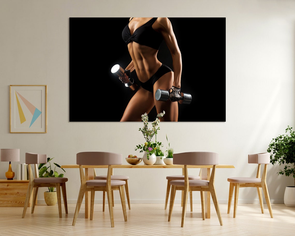 Women With Dumbbells Wall Decoration Gym Modern Art Wall Fitness Motivational Art Wall Woman Body Art On Dumbbells Photo Decor - Image 6