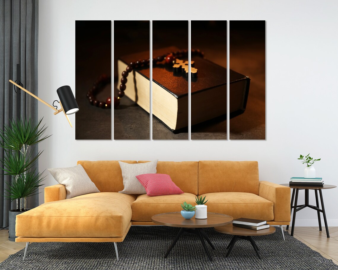 Rosary Beads And Wooden Cross On Bible Dark Warm Light Spiritual Poster - Image 5