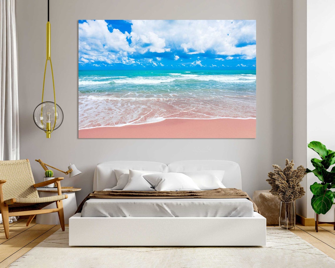 Pink Sand Beach Turquoise Ocean Waves Sunny Tropical Travel Poster