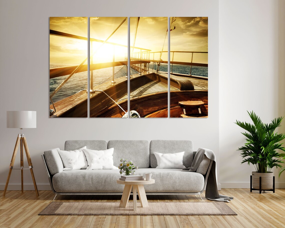 Wooden Sailboat Bow At Golden Sunset Over Open Sea Photo Poster - Image 7