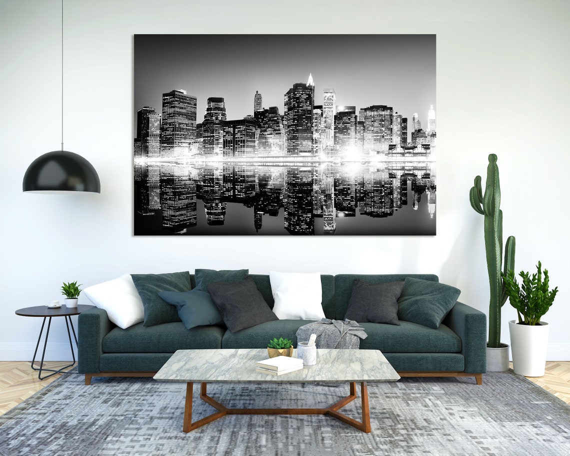 New York City Night Skyline Black White Mirrored Reflection Poster - Image 2