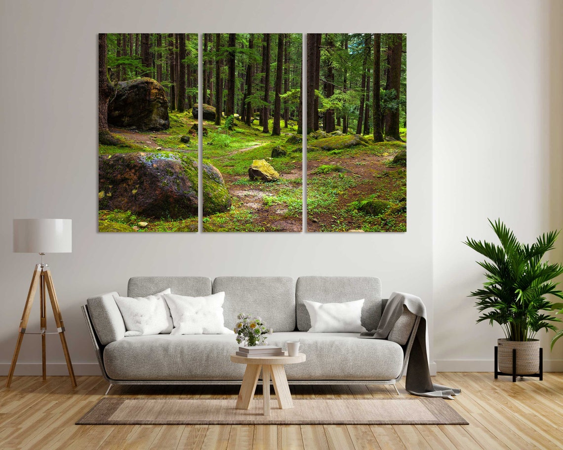 Mossy Pine Forest With Boulders Triptych Three Panel Nature Wall Art