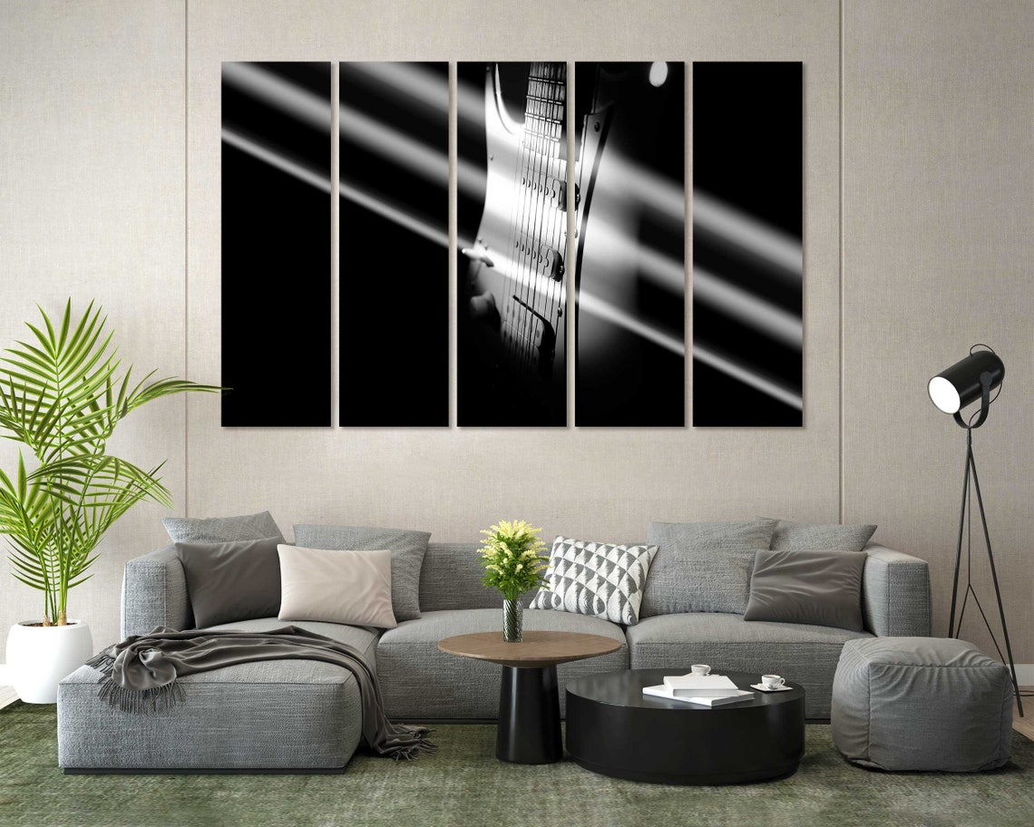 Black White Electric Guitar Sunbeam Rays Music Lover Wall Decor Poster - Image 2