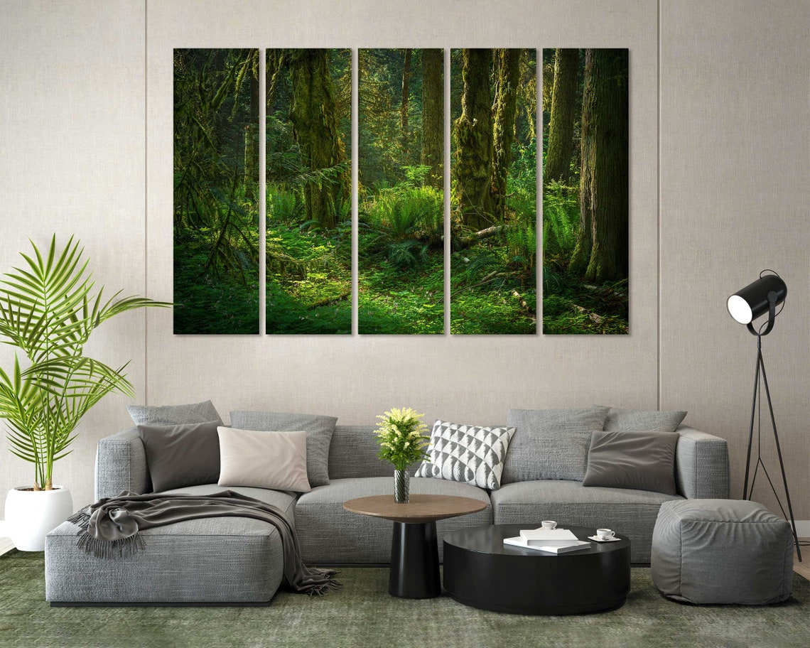 Lush Green Tropical Forest Sunlight Through Mossy Trees Wall Art - Image 7