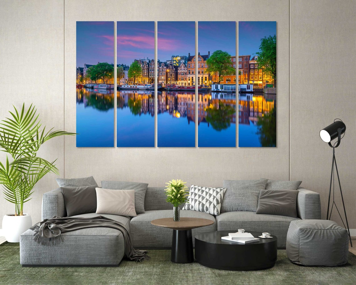 Amsterdam Canal Houses At Twilight Blue Hour Water Reflection Poster - Image 2