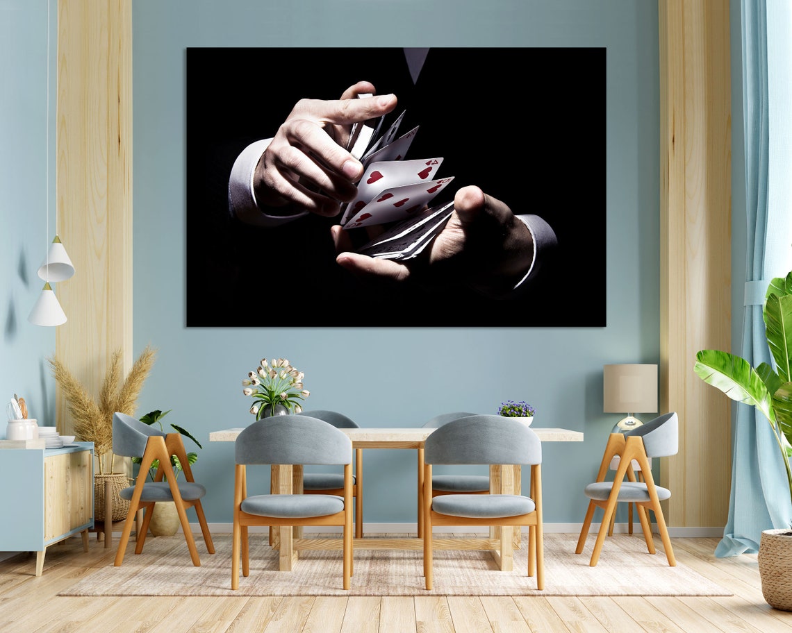 Magician Hands Shuffling Playing Cards Black Three Panel Poster - Image 3