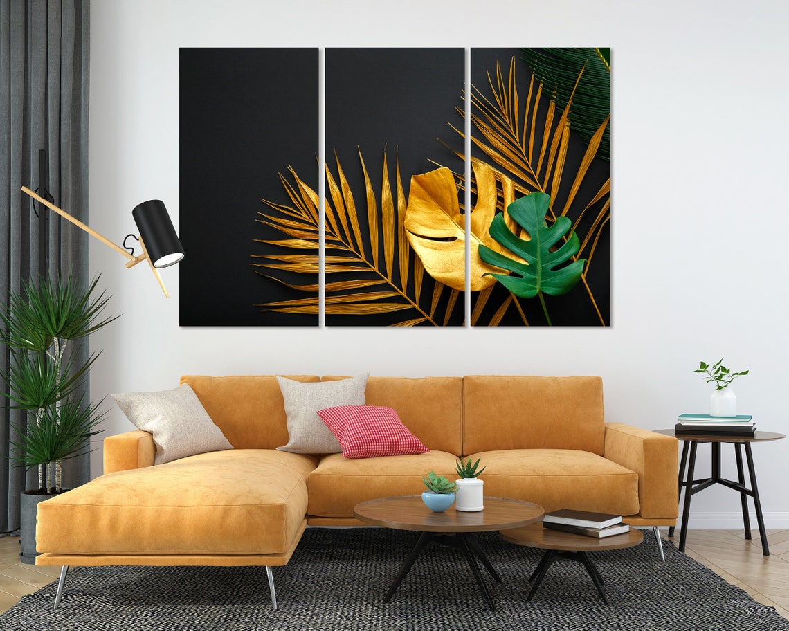 Gold Tropical Palm Leaves Monstera Black Background Botanical Poster - Image 3