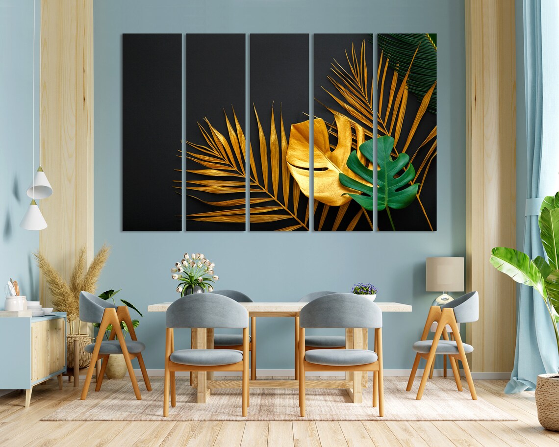 Gold Tropical Palm Leaves Monstera Black Background Botanical Poster - Image 4