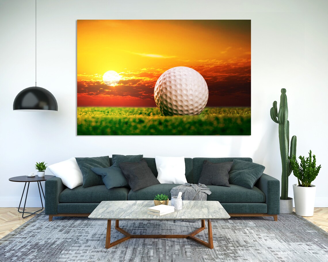Golf Ball On Green Grass At Fiery Sunset Sky Sports Wall Art Poster - Image 2