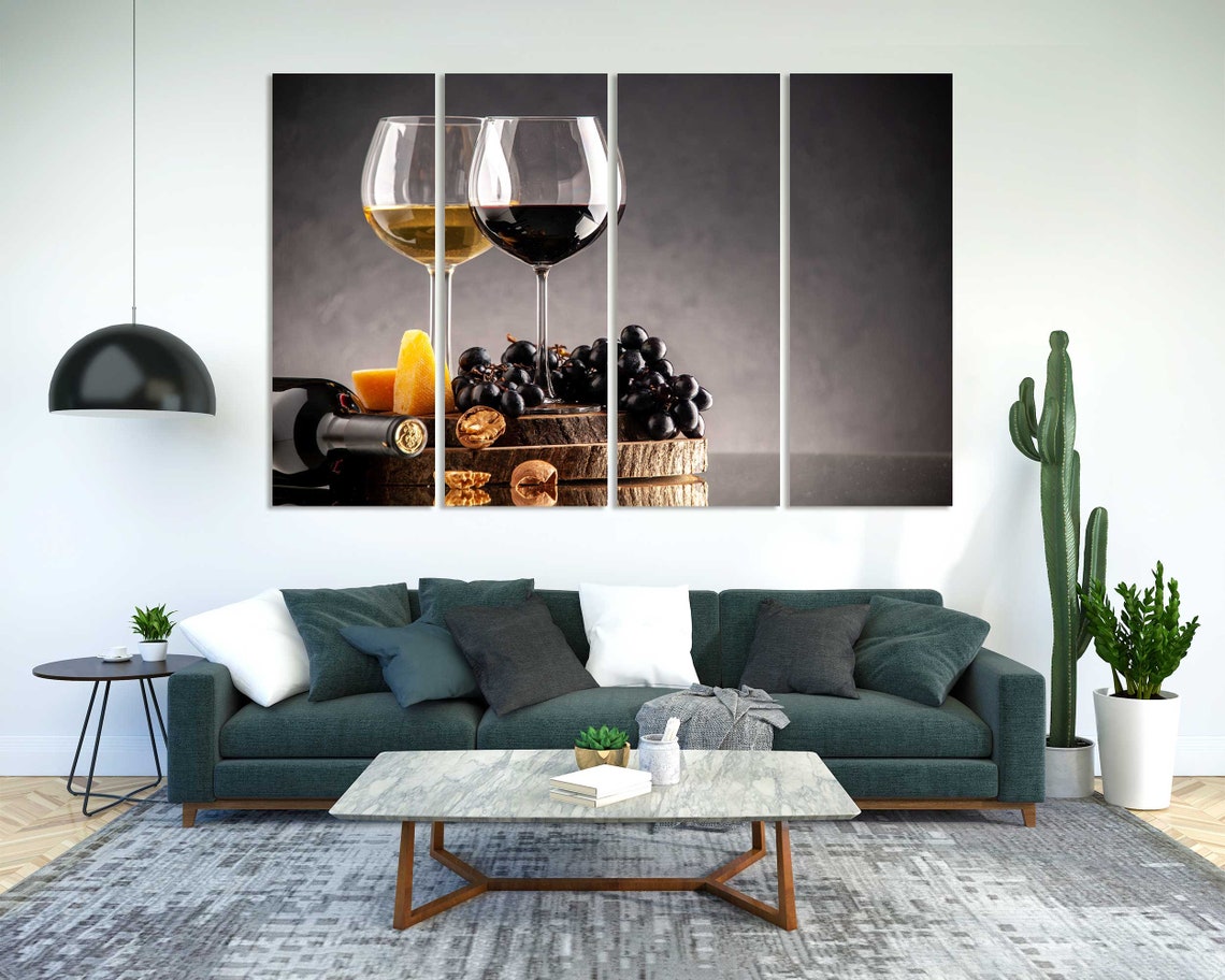 Red White Wine Glasses Grapes Cheese Still Life 4 Panel Wall Art - Image 2