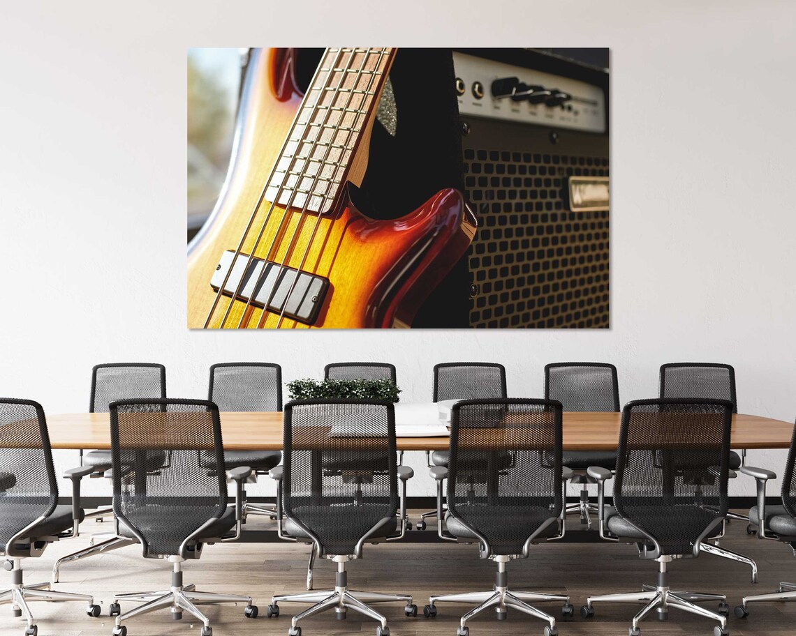 Sunburst Electric Bass Guitar Close Up Amplifier Music Room Poster - Image 4