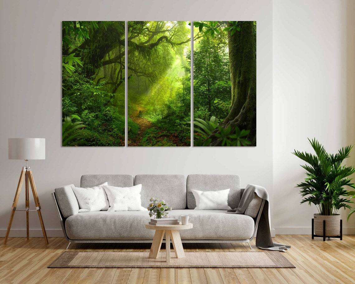 Lush Green Jungle Forest Path Sun Rays Tropical 3 Panel Wall Art