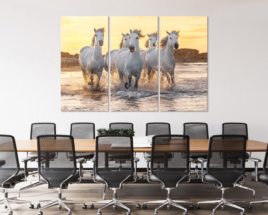 White Horses Galloping Through Water at Golden Sunset Horse Poster - Image 4