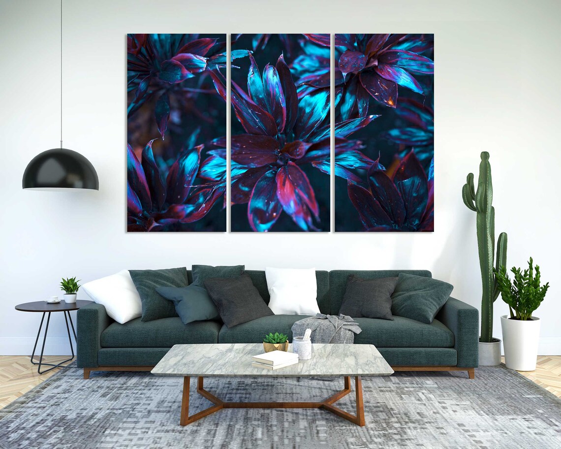 Neon Blue And Purple Tropical Leaves Dark Botanical Wall Art - Image 8