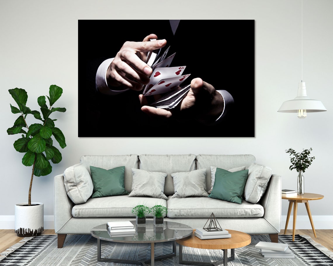 Magician Hands Shuffling Playing Cards Black Three Panel Poster - Image 8