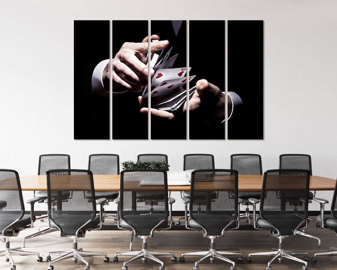 Magician Hands Shuffling Playing Cards Black Three Panel Poster - Image 4