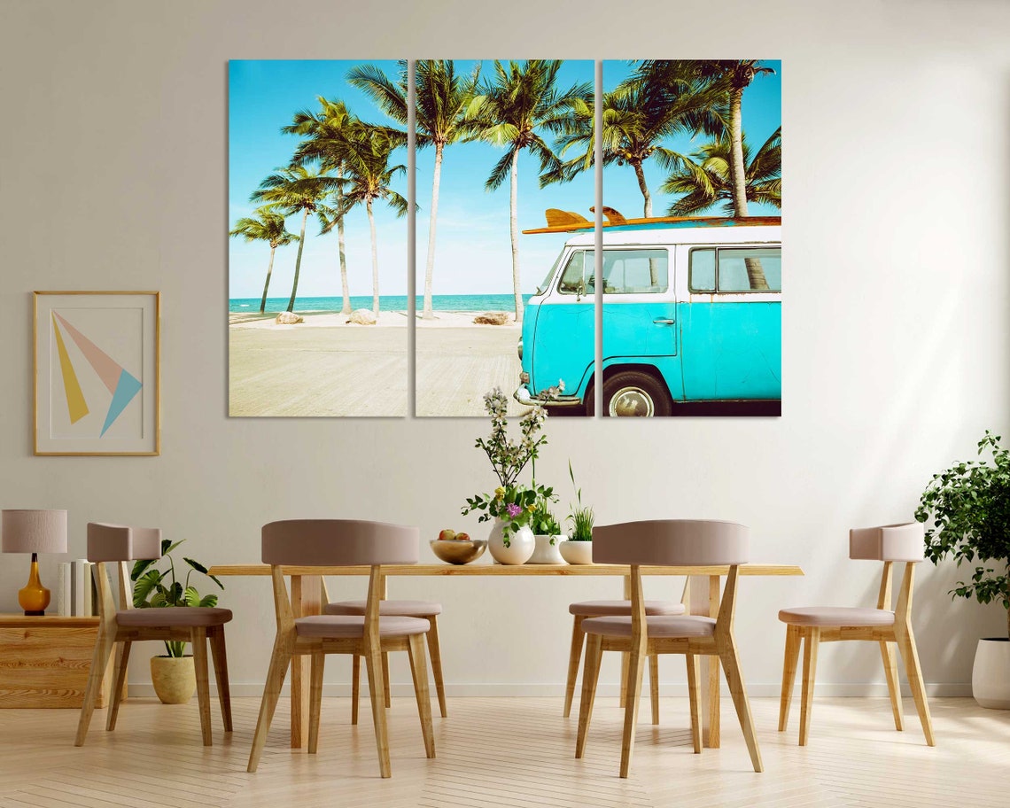 Vintage VW Camper Van Beach Palm Trees Surfboard Retro Trip Poster