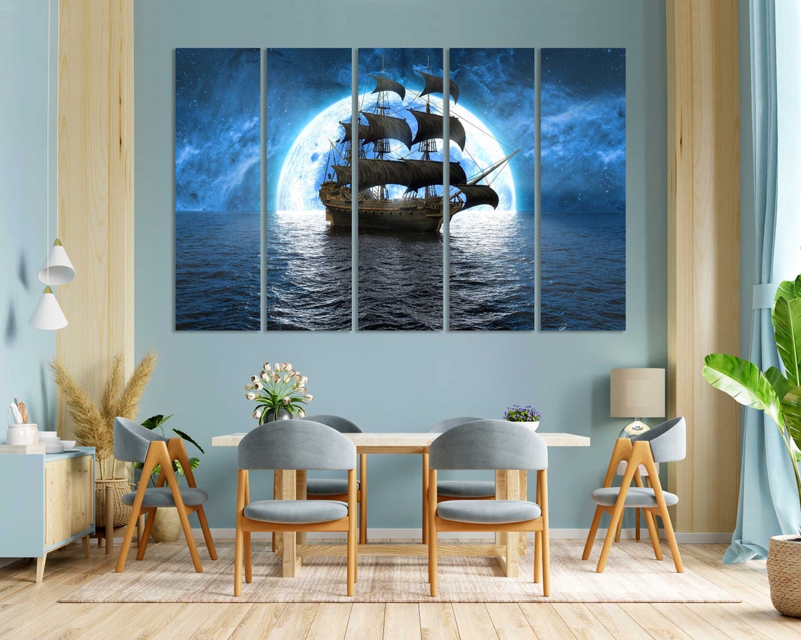 Tall Ship Sailing Under Giant Full Moon Night Seascape Fantasy Poster - Image 8