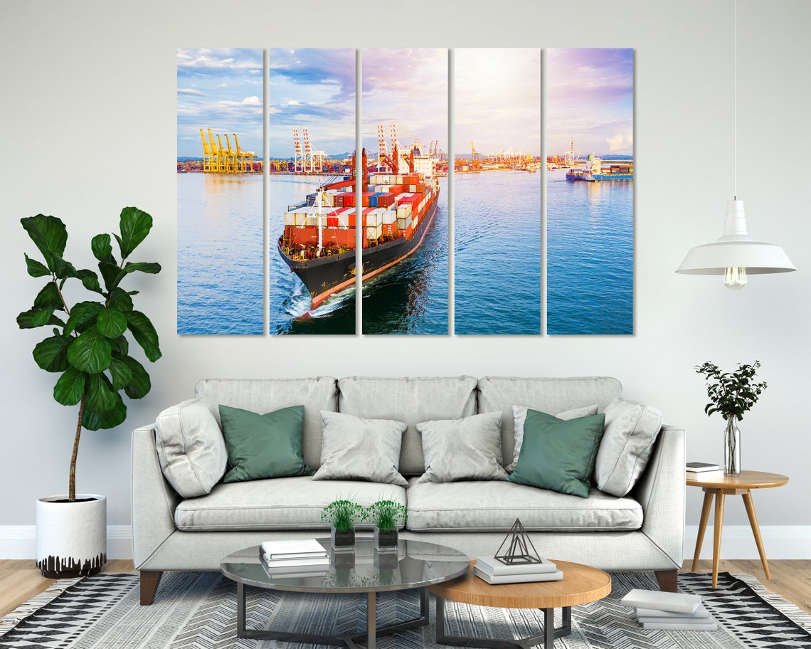 Container Cargo Ship Leaving Port Sunset Harbor Three Panel Poster - Image 8