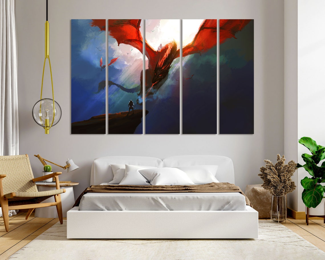 Red Dragon Soaring Sky Fantasy Warrior Cliff Epic Scene Art Poster - Image 6