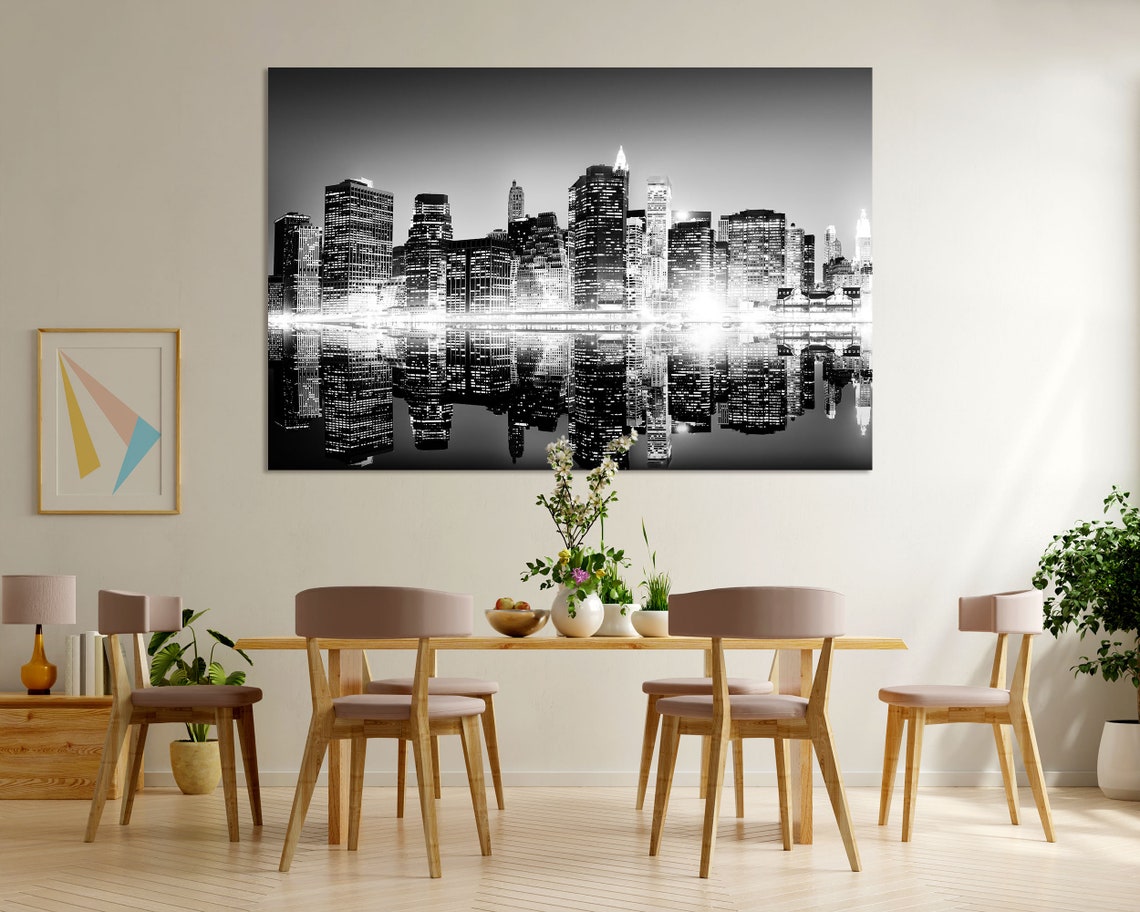 New York City Night Skyline Black White Mirrored Reflection Poster