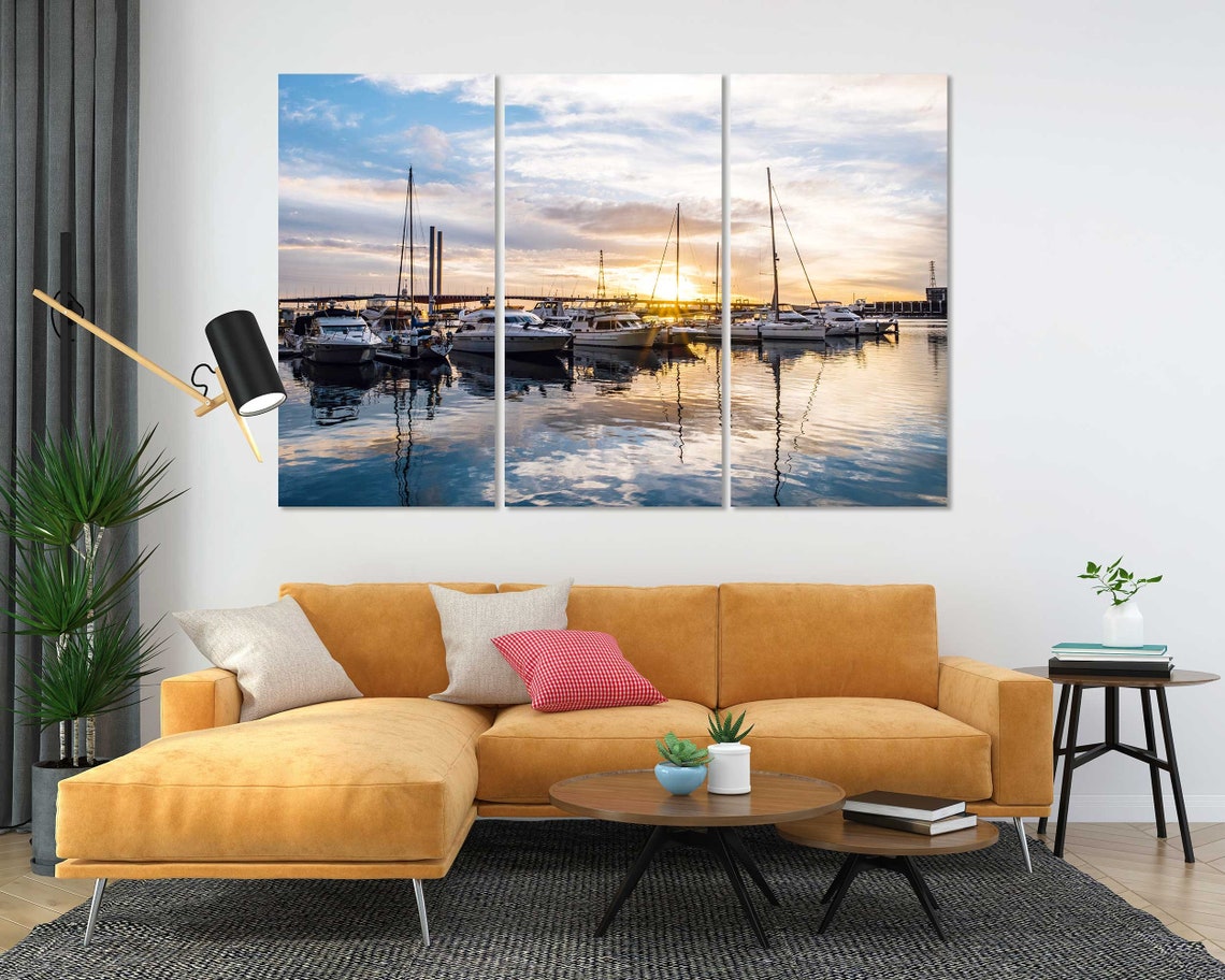Sunset Marina Harbor Yachts Sailboats Golden Water Reflections Poster - Image 5