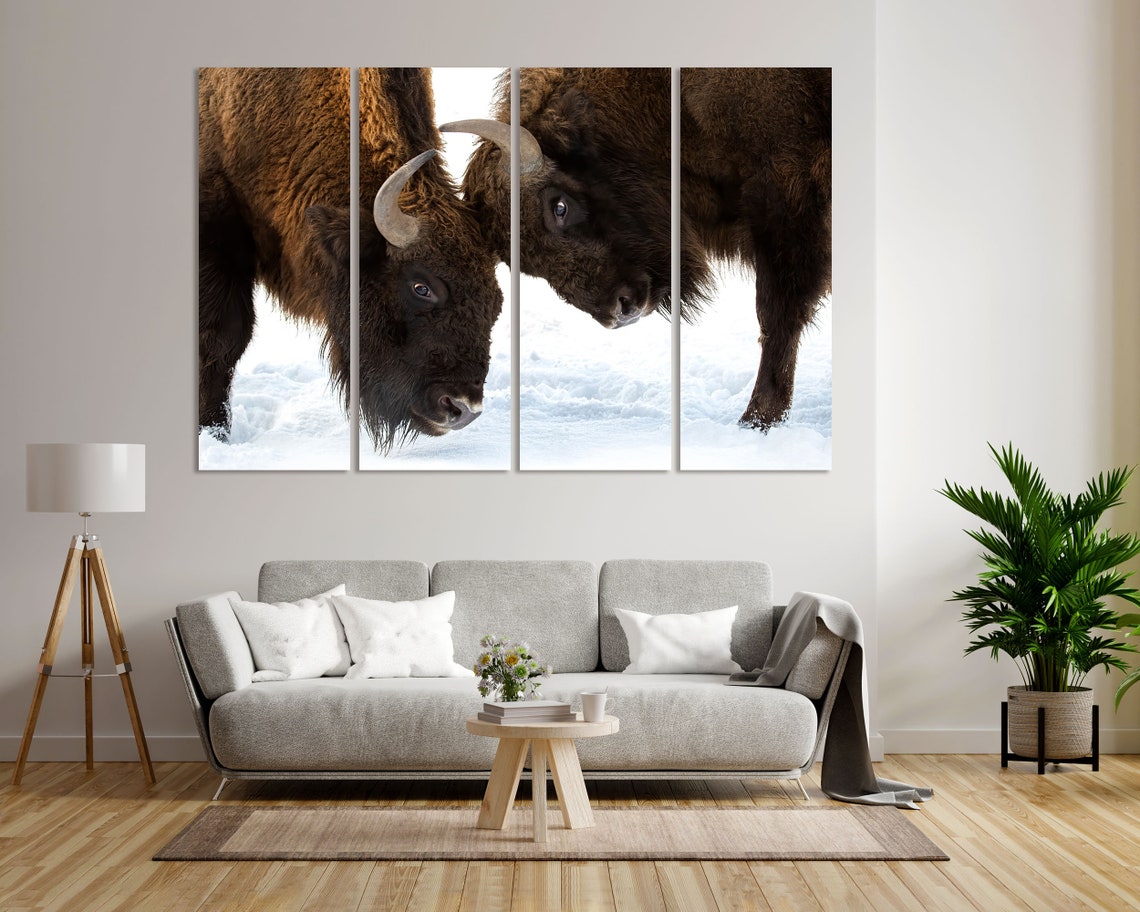 Two Bison Facing Off In The Snow Wildlife Winter Portrait Wall Art - Image 8