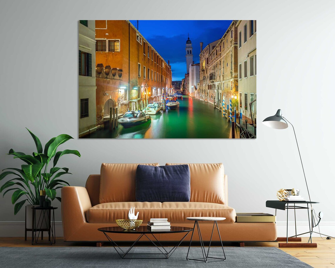 Venice Italy Canal At Night Boats Bell Tower Blue Hour Travel Poster