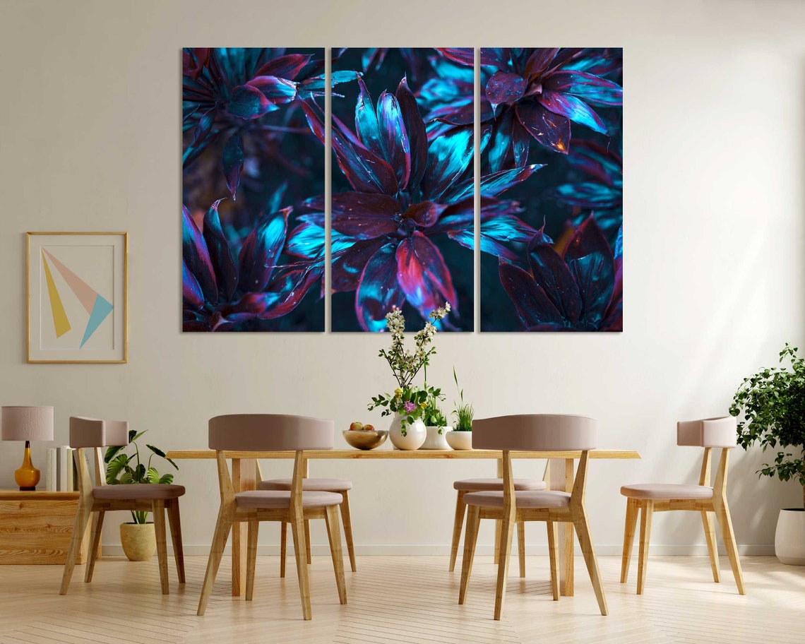 Neon Blue And Purple Tropical Leaves Dark Botanical Wall Art - Image 6