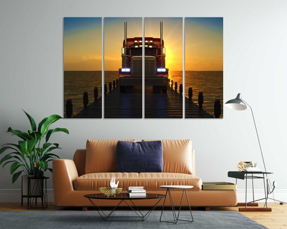 Red Truck At Sunset Print Sets Red Truck Painting Decor For Home Design Big Truck Artwork Logistic Art Transport Print