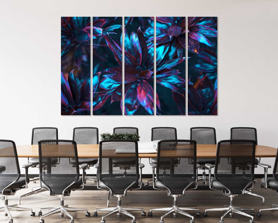 Neon Blue And Purple Tropical Leaves Dark Botanical Wall Art - Image 4