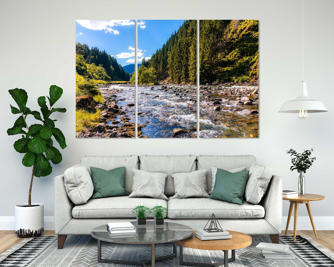 Sunny Landscape For Wall Mountains River Painting On Green Forest Picture Art For Wall Mountain Landscape Printing - Image 7