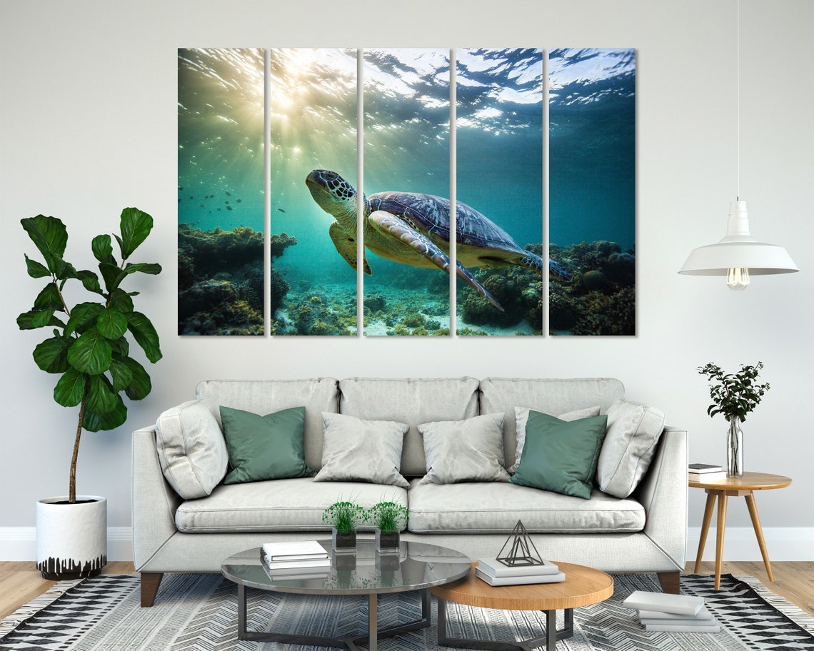 Green Sea Turtle Swimming Underwater Sun Rays Coral Reef Poster - Image 8