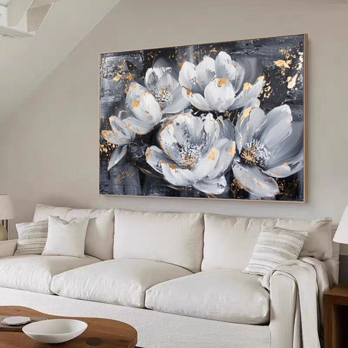 Abstract Gardenia Oil Painting With Gold Accents On Black And Grey Background Textured 3d Floral Art For Living Room Bedroom And Entryway - Image 5