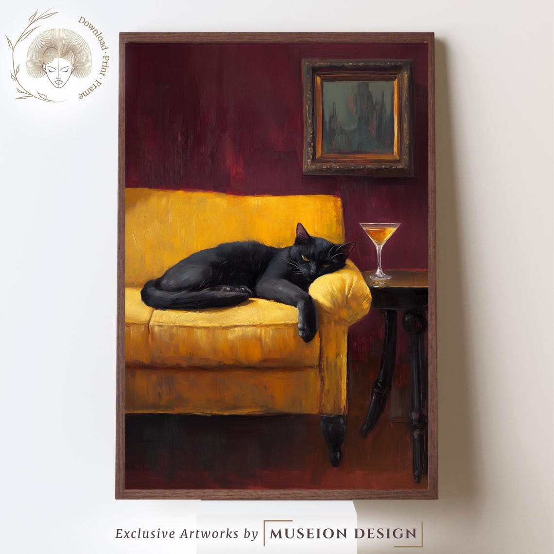 Black Cat Lounging On Mustard Sofa Moody Oil Painting Animal Poster
