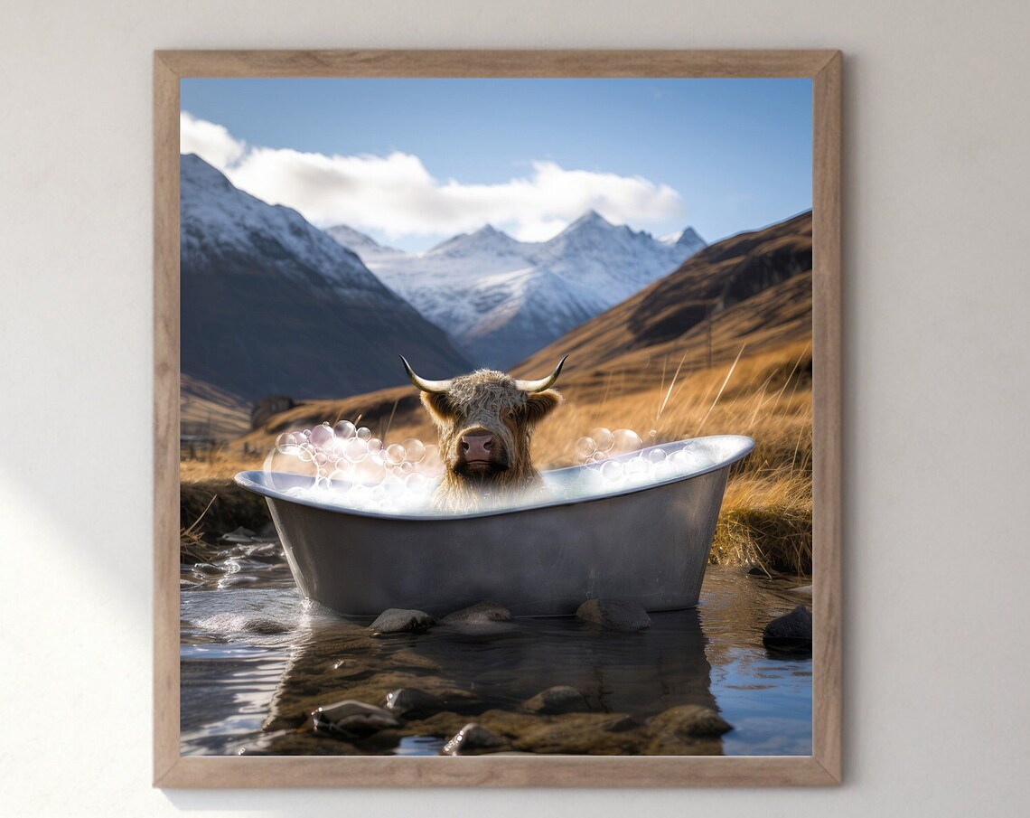 Highland Cow In A Bathtub, Funny Bathroom Poster