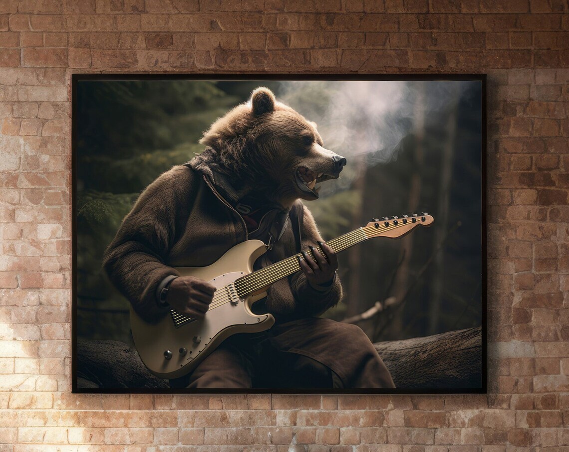 Bear Playing Guitar Poster, Forest Music Rockstar