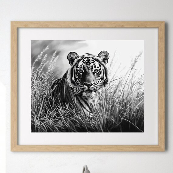 Tiger Portrait, Black And White Vintage Artwork