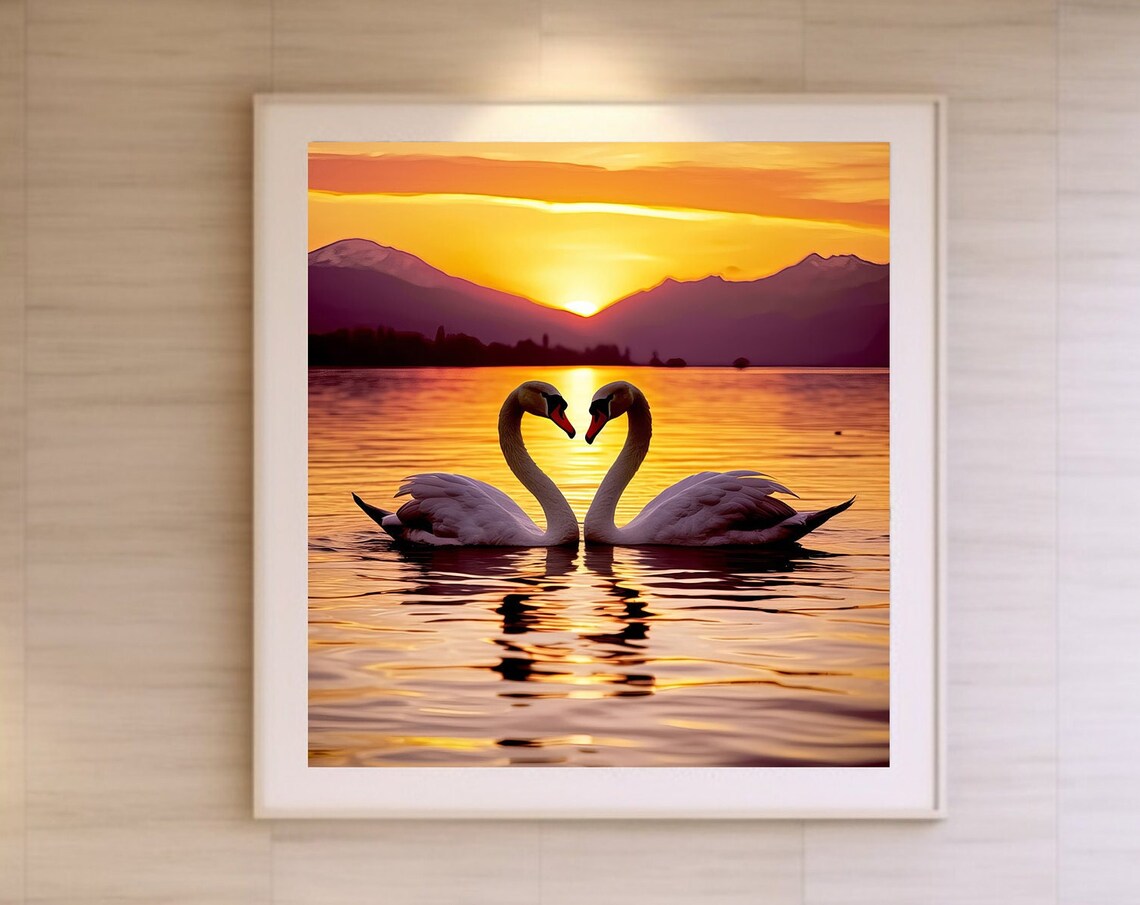 Cute Swan Couple Poster, Sunset Love Lake Gift