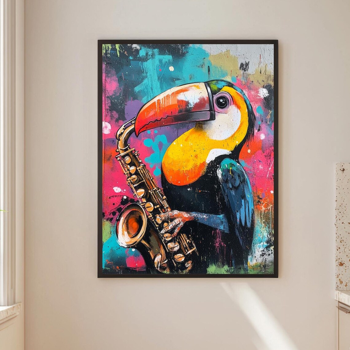 Toucan Print, Abstract Saxophone Watercolor Poster