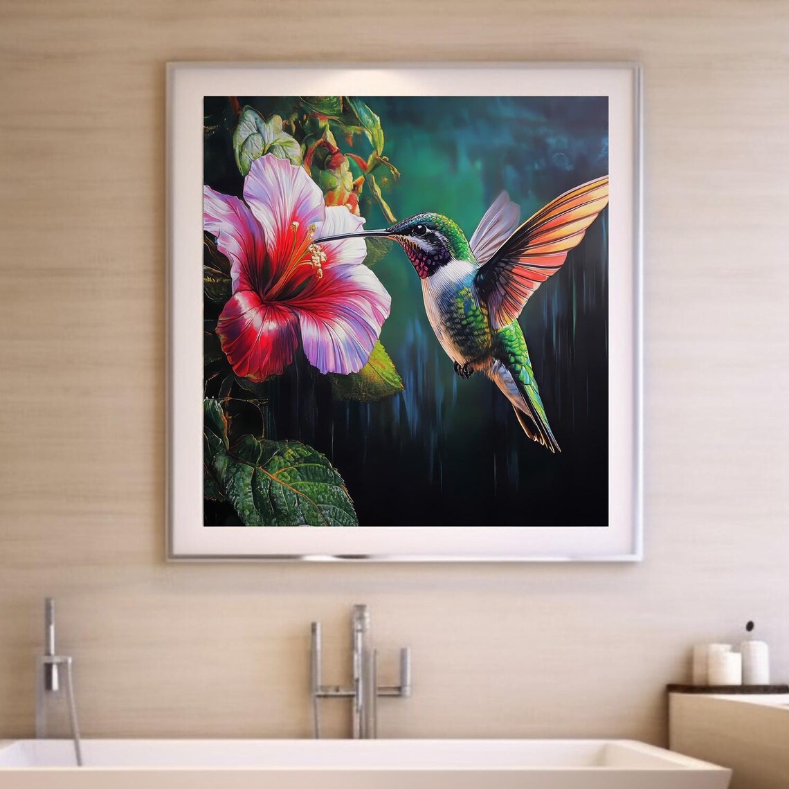 Hummingbird Poster, Cute Bird and Flowers Gift