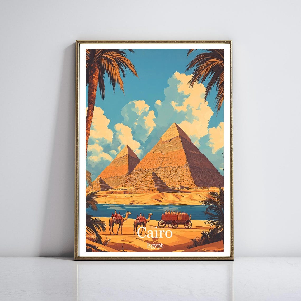 Cairo Egypt Giza Pyramids with Camels in the Desert Sun Poster