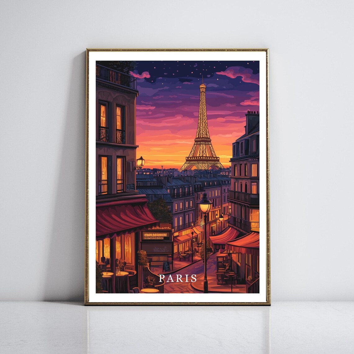 Paris France Eiffel Tower Night Street Cafe Scene Travel Poster