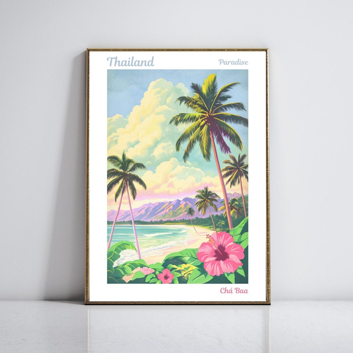 Thailand Paradise Beach with Palm Trees and Pink Hibiscus Poster