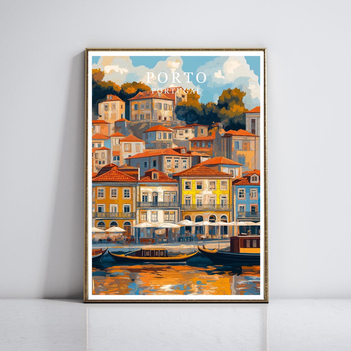 Porto Portugal Ribeira District Colorful Riverside Travel Poster