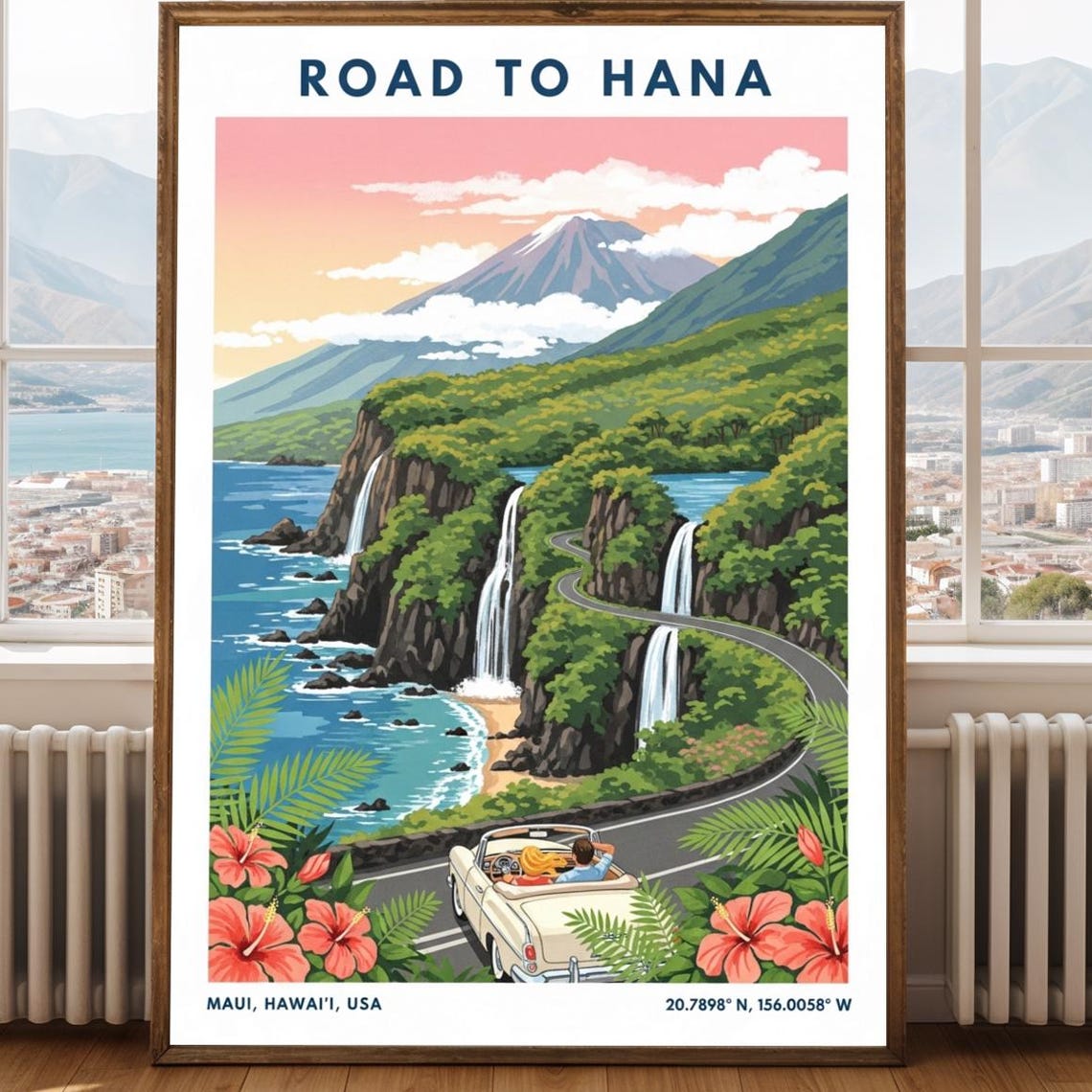 Road To Hana Print Pink And Green Blue Vintage Travel Poster Hawaiian Art For Living Room Office Bedroom Decor